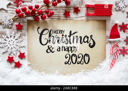 Helles Rot Weihnachten Dekoration, Papier, frohe Weihnachten und ein gutes Jahr 2020 Stockfoto