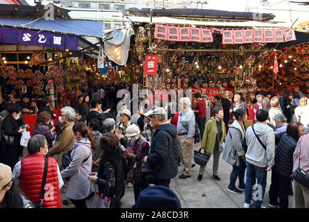 Tokio, Japan. 8. November, 2019. Bezaubernd gestalteten Bambus Rechen für gutes Glück werden an Ständen auf der Ansatz für ein Shinto Schrein während einer pulsierenden Messe gesäumt auf Tokyos Stadtteil Asakusa am Freitag verkauft, 8. November 2019. Jedes Jahr im November Tausende von Japanischen besuchen den Schrein für gute Geschäfte im kommenden Jahr und kaufen viel Glück Rechen glaubte, das Glück zu Familien zu bringen, um zu beten. Credit: Natsuki Sakai/LBA/Alamy leben Nachrichten Stockfoto