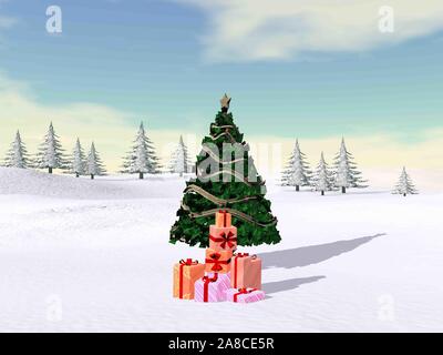 Weihnachtsbaum und girfts im Berg mit Schnee und Tannen durch Sonnenuntergang - 3D-Rendering Stockfoto