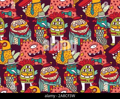 Gruppe mode Aliens unterschiedliche Freaks nahtlose Muster. Farbe Vector EPS Abbildung 8. Stock Vektor