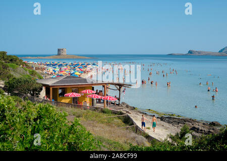 Spiaggia La Pelosa/Pelosa Strand einen feinen weißen Sandstrand mit Touristen und die Torre della Pelosa Küstenlinie in Stintino Sassari Sardinien Italien Europa Stockfoto