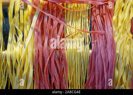 Rot (Magenta) und gelb gefärbte hausgemachten frischen, trockenen, ungekochte italienische Pasta vertikal aufgehängt. Bandnudeln, Tagliatelle und Spaghetti Arten vorgestellt. Stockfoto