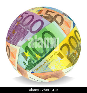 Ball von Banknoten gegen weißen Hintergrund Stockfoto