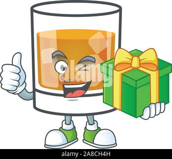 Whiskey mit Charakter holding Geschenk auf weißem Hintergrund Stock Vektor