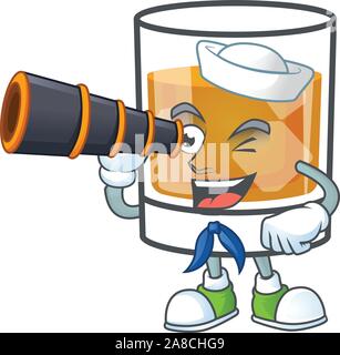 Whiskey mit Charakter sailor Holding Fernglas auf weißem Hintergrund Stock Vektor