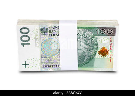 Bündel von polnischen 100 zloty Banknoten. Auf weiß isoliert. Pfad enthalten. Stockfoto