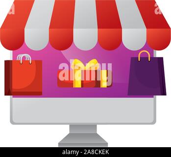 Computer mit Taschen Shopping und Geschenkverpackung Stock Vektor