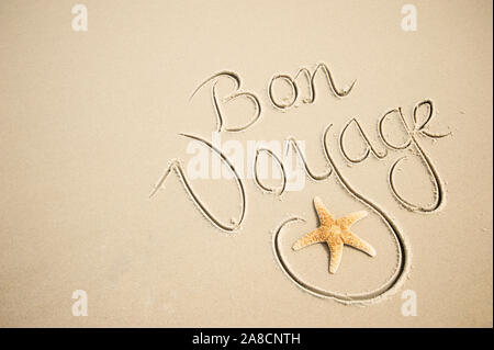 Bon Voyage Nachricht handschriftlich mit einem Kalligraphie Skript auf einer glatten Sandstrand mit ein Seestern blühen Stockfoto