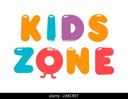 Kids Zone cartoon Vektor Logo. Bunte Blase Buchstaben für ein Kinderspielzimmer eingerichtet. Inschrift auf isolierte Hintergrund. Stock Vektor