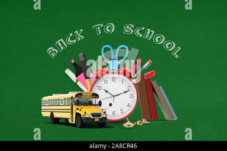 Zurück zu Schule text Doodle mit Schule stationaries auf einer grünen Tafel. Bild mit hoher Auflösung für alle Ihre Bedürfnisse zuschneiden für Ihr Design. 3D-Rendering Stockfoto