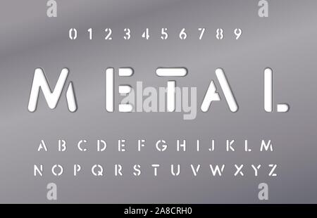 Satz von Buchstaben und Zahlen in der Metallplatte. Metallisches material Stil des Alphabets. Stahlplatte mit der Schriftart. Typografie Design. Vektorgrafik. Stock Vektor