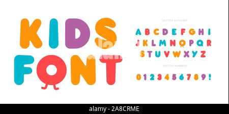 Kinder Buchstaben und Zahlen. Cartoon bold style Alphabet. Kindliche Schrift für Events, Promotions, Logos, Banner, Monogramm und Poster. Vektor Typografie Stock Vektor