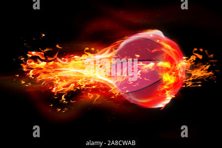 Hohe Qualität Rendern von 3D-Basketball Ball brennt in Flammen auf schwarzem Hintergrund. 3D-Rendering. Stockfoto