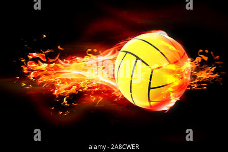 Hohe Qualität Rendern von 3D-volleyball Ball brennt in Flammen auf schwarzem Hintergrund. 3D-Rendering. Stockfoto