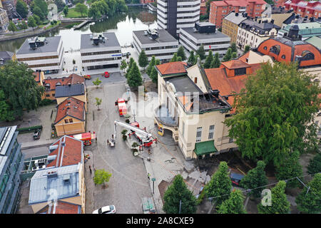 Norrköping, Schweden 20190829 Luftbild nach dem Brand an der Östgöta Theater in Norrköping. Foto Jeppe Gustafsson Stockfoto