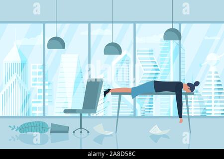 Professionelles Burnout-Syndrom. Erschöpft krank müde weibliche Manager im Büro traurig langweilig liegt mit Kopf nach unten auf dem Tisch. Frustrierte Arbeitnehmer psychische Gesundheitsprobleme. Vektor lange Arbeit Stress Tag Illustration Stock Vektor