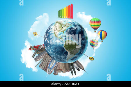 Energieeffizienz Symbol in den Himmel, während 3D-Render der Erdkugel mit Office Wolkenkratzer, Sehenswürdigkeiten, Verkehrs- und Straßenschilder auf. Hohe qua Stockfoto