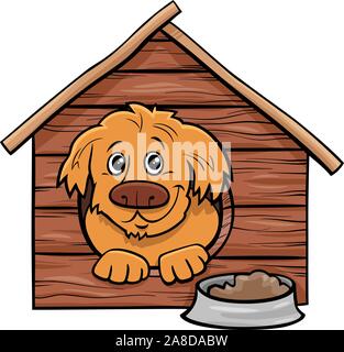 Cartoon Illustration von Happy Dog Comic Tier Zeichen in der Hundehütte Stock Vektor