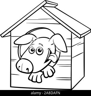 Schwarze und Weiße Cartoon Illustration der lustige Hund Comic Tier Zeichen in der Hundehütte Malbuch Seite Stock Vektor