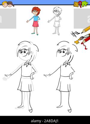 Cartoon Illustration von Zeichnung und Färbung Bildungsaktivitäten für Kinder mit jungen Mädchen Charakter Stock Vektor