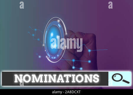 Schreiben Hinweis Nominierungen angezeigt. Business Konzept für den Akt der offiziell vorschlagen jemand für einen Job oder Position Stockfoto
