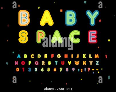 Baby Platz Buchstaben und Zahlen. Mutige Kinder Stil, Schlagzeile Vektor lateinischen Alphabet. Schriftart für Kinder Veranstaltungen, Geburtstag, Spiel, Spielen, logo Stock Vektor