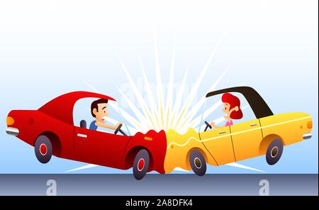 Autounfall, mit zwei Autos kollidieren hit. Vektor-Illustration-Cartoon. Stock Vektor