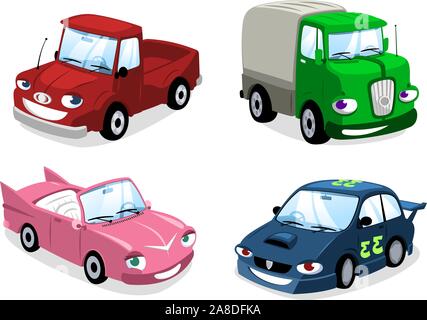 Cartoon Auto, Lkw, Bus, Bus, Motorrad, LKW, Auto, Waggon- und Eco-Auto. Stock Vektor
