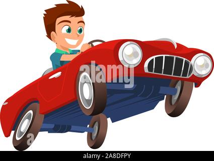 Kleine Junge fahren roten Sportwagen Vektor Illustration Karikatur. Stock Vektor