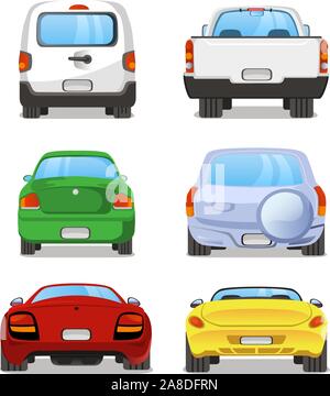 Vector Cartoon Auto hinten set 2. Mit Rückansicht von sechs verschiedenen Arten von Autos. LKW, LKW, Mini-van, Kombi, Sportwagen, Limousine abholen. Stock Vektor
