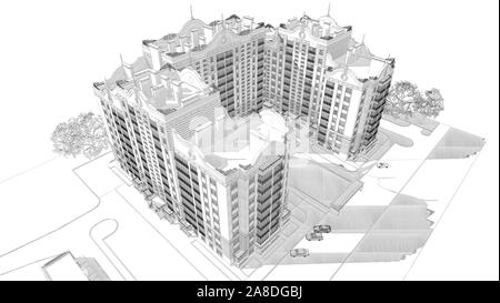 3d-Bleistift Skizze Abbildung: ein modernes, mehrstöckiges Gebäude, Dach, Ansicht von oben Stockfoto