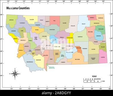 Montana State Umrisse administrative und politische Karte in Farbe Stock Vektor