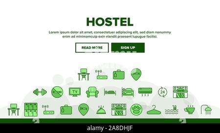 Hostel, Touristen Unterkunft Vector Linear Symbole gesetzt Stock Vektor