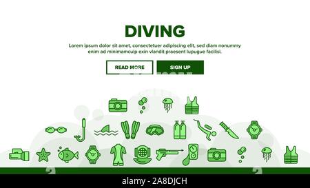 Tauchausrüstung Vector Linear Symbole gesetzt Stock Vektor