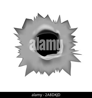 Bullet hole. Vector Illustration eines durch die Bohrung von einer Kugel in eine metallene Fläche auf einem weißen Hintergrund isoliert Stock Vektor