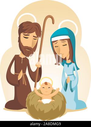 Christmas Baby Jesus Krippe mit Maria und Pater Joseph Vector Illustration Cartoon. Stock Vektor
