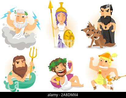 Athenas, Hades, Zeus, Poseidon, Hermes, Bacchus, Dionysos, Cerberus, Poseidon, griechische Götter Vector Illustration. Stock Vektor