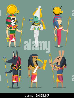 Ägypten Ägyptische Götter und Göttinnen, mit Osiris, Isis, Horus, Set, Anubis, hat - oder, Ra, Thoth. Vector Illustration Cartoon. Stock Vektor