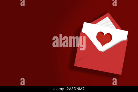 Herz Symbol in einem Umschlag auf rotem Hintergrund. Bild mit hoher Auflösung mit kopieren. Realistische Schatten. 3D-Rendering. Stockfoto