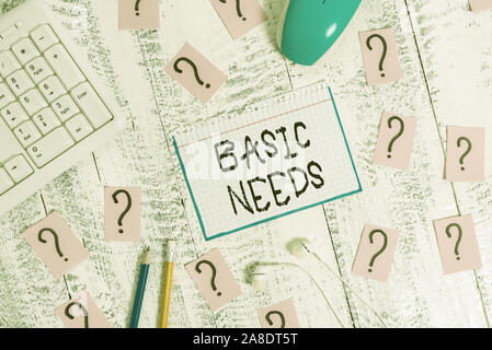 Konzeptionelle Handschrift, die grundlegenden Bedürfnisse. Begriff Sinne etwas, dass Sie haben müssen, um Leben zu erhalten oder Schreiben Werkzeuge und Gekritzelt Stockfoto