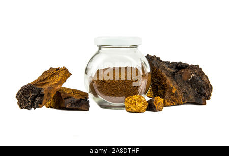 Gesunde reine wild natürliche chaga Pilz, Inonotus obliquus Pulver in Glas Glas für Tee und Kaffee und Stücke von Pilz auf weißen Bac isoliert Stockfoto