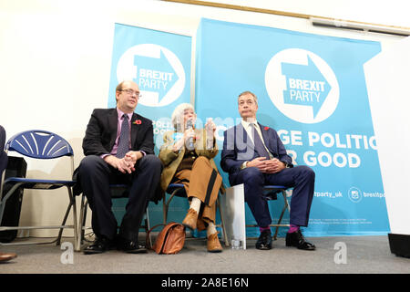 Kleine Mühle, Pontypool, Monmouthshire, Wales - Freitag, 8. November 2019 - Brexit-Chef Nigel Farage (rechts) Hört sich Ann Widdecombe MDEP mit Mark Reckless BIN (links), wie sie Adressen ein Publikum in der South Wales Stadt Pontypool eine starke Arbeit stimmen. Foto Steven Mai/Alamy leben Nachrichten Stockfoto