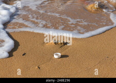 Kunststoff Abgase auf Sand Strand mit Meer in Sicht Stockfoto