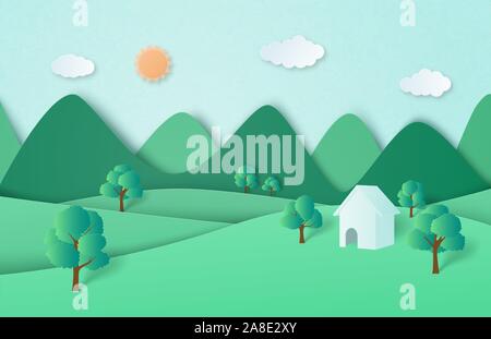 Grüne Natur Wald- und Berglandschaft mit Ferienhaus in Papier schneiden Stil. Stock Vektor