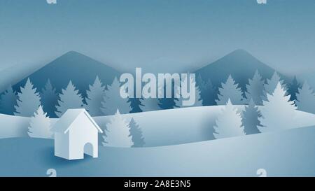 Winterlandschaft mit Berg-, Wald- und Cottage auf Schnee im Papier schneiden Stil abgelegt. Vector Illustration digital Craft paper Art. Stock Vektor