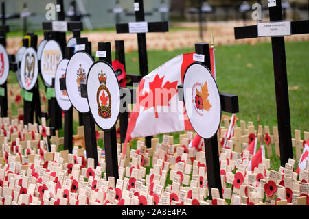 Westminster, London, Großbritannien. 8. November 2019. Menschen, die Hommage an die gefallenen Soldaten auf dem Gebiet der Erinnerung an die Westminster Abbey Gründen zu zahlen, jetzt für die Öffentlichkeit zugänglich. Grundstück für das Andenken der Gefallenen kanadischen Soldaten. Das Feld wird so lange geöffnet, bis der 18. November bleiben. Quelle: JF Pelletier/Alamy leben Nachrichten Stockfoto