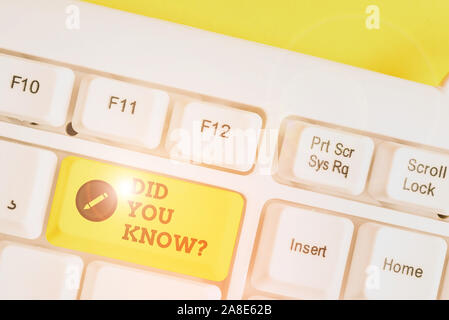 Konzeptionelle Hand schreiben Übersicht Wussten Sie, Frage. Begriff Sinne Spaß Zahlen und Fakten Informationen Allgemeine Kenntnisse Weiß pc-Tastatur mit Hinweis Stockfoto