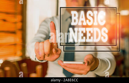 Konzeptionelle Handschrift, die grundlegenden Bedürfnisse. Begriff Sinne etwas, dass Sie haben müssen, um zu leben Frau im Hintergrund poi-live oder Stockfoto