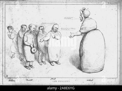 "Die Gärtnerei", 1833. John Cam Hobhouse, Baron Broughton de Gyfford; Sir Francis Burdett; William Cobbett; John Charles Spencer, 3rd Earl Spencer. Britische Politians als weinende Kinder dargestellt. Satirische Karikatur von "H.B." (John Doyle). [Thomas McLean, London, 1833] Stockfoto