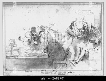 Der econding eine Bewegung oder die Partei der Bewegung." 1833. John William Ponsonby, 4 Graf von bessborough; Charles Manieren Sutton, 1st Viscount Canterbury; Edward Smith Stanley, 13. Earl of Derby; Sir James Robert George Graham; William Ley; Lord Palmerston; John Russell, 1. Earl Russell; satirische Karikatur auf die britische Politik durch "H.B." (John Doyle). [Thomas McLean, London, 1833] Stockfoto